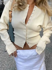 LIZAKOSHT - Solid Color Knitted Women's Cardigan Round Neck Single Breasted Slim Fit Short Sweater Fashion Casual Long Sleeve Women Sweaters