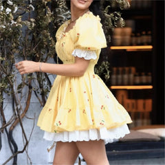 LIZAKOSHT - Princess Yellow Cherry Print Spliced Lace Corset Style Mini Dress Women Puff Sleeve Slim Waist Ruffle Hem Cake Party Robe