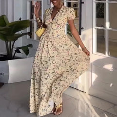 LIZAKOSHT - Casual High Waist Puff Short Sleeve Party Dress Chic V Neck Lace Up Swing Dress Elegant Plant Floral Print Pleated Evening Dress