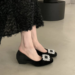 LIZAKOSHT - Designer Wedges Heel Crystal Women Mary Jane Shoes Concise Shallow Slip on Shoes Ladies Outdoor Elegant Dress Dancing Pumps