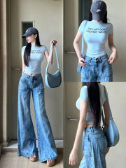 LIZAKOSHT  -  Womens Blue Jeans High Waist Baggy Casual Vintage Y2K Design Sense Straight Pants Street American Autumn Wide Leg Denim Trouser