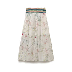 LIZAKOSHT - 2024 Women Vintage Elastic High Waist Floral Embroidery Midi Skirt Holiday Summer Boho Skirts