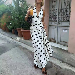 LIZAKOSHT - Elegant Polka Dot Backless Pleated Dress Temperament High Waist Sleeveless Dress Sexy Hanging Neck Off Shoulder Club Party Dress