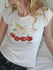 LIZAKOSHT - Y2k Aesthetic Vintage Summer Cherry Print Tees Slim Streetwear Lace Bow Tshirts Women Harajuku Grunge Bottoming Sweet Crop Tops