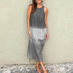 LIZAKOSHT - Elegant O-Neck Straight Office Dress Women Side Split Beach Pullover Dress Casual Summer Sleeveless Gradient Long Dress