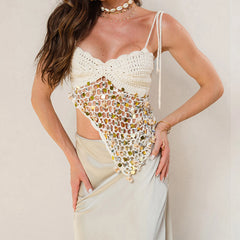 LIZAKOSHT - Women Y2K Sequin Sparkle Knit Cami Vest Shell Glitter Halter Tank Top Boho Beach Crochet Backless Tie Up Crop Top