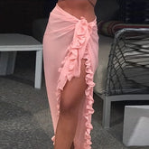 LIZAKOSHT - Sweet Ruffls Slit Beach Bikini Cover Up Sexy Transparent Chiffon One Piece Wrap Scarf Swimwear Solid Color All Match Long Skirts