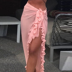 LIZAKOSHT - Sweet Ruffls Slit Beach Bikini Cover Up Sexy Transparent Chiffon One Piece Wrap Scarf Swimwear Solid Color All Match Long Skirts