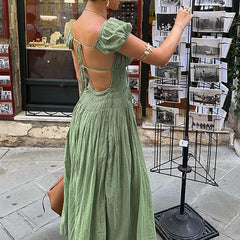 LIZAKOSHT - Summer Square Neck Short Sleeved Women's Party Dress Casual Beach Long Dresses Sexy Backless Lace Up Pleated Holiday Dress
