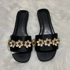 LIZAKOSHT - Brand Summer Women Flat Slides Flower Decoration Black Open Toe Vacation Female Beach Shoes Outside Plus Size Modern Slippers