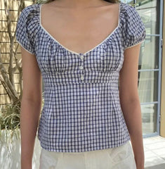 LIZAKOSHT - Women Navy Plaid Lace Trim T-Shirt Summer Blouse Buttons Scoop Neck Puff Sleeve Cotton Tshirt Sweet Preppy Style Crop Tops Y2k