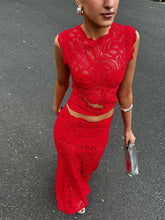 LIZAKOSHT - Sexy Hallow Out Vest Skirt Set Women Red Sleeveless O-neck Top Long Slim Hip Package Skirts 2025 Summer See Through Suit Lady