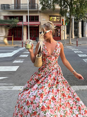 LIZAKOSHT - Fashion Print Tube Midi Dress For Women Deep V-neck Sleeveless Draped Lace Up Robes 2025 Summer Elegant Female Parties Dresses