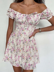 LIZAKOSHT - Women Boho Dress Short Sleeve Flower Print Lacing Sundress Summer A-line Dress Vacation Holiday Beach Mini Vestido Mujer