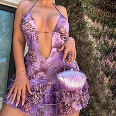 LIZAKOSHT - Sexy Women Butterfly Shape Printed Dress Sleeveless Ruffles Lace-up Dress Party Cute Lady Backless Bandage Low-out Cake Dress
