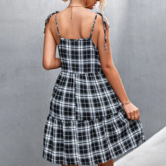 LIZAKOSHT - Womens Summer Casual Sleeveless Swing Knee Length Dresses Ladies Plaid Check Strappy A-Line Sundress For Free Shipping