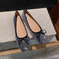 LIZAKOSHT - bling bling bowtie flat shoes woman square toe pink glitter ballet flats 35-43 big size shiny moccasins women bow loafers