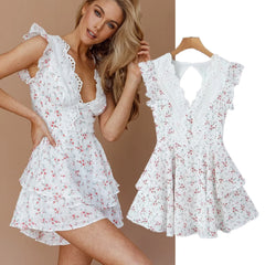 LIZAKOSHT - Fashion Women's Summer New Lace Stitching Dress For Women Flower Print V-neck Ruffled Elegant