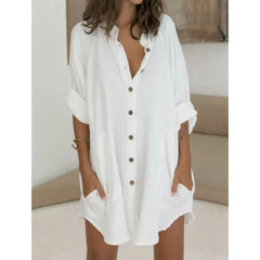 LIZAKOSHT - Women's Cotton Linen Nigthdress Single Breasted Summer Thin Ladies Home Dress Solid Comfortable Homewear Nightgown For Female