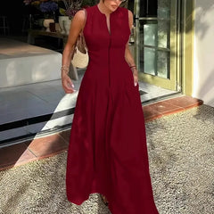 LIZAKOSHT  -  Solid Color Fashion Long Dresses for Women Zip Sleeveless Maxi Dress Woman Summer Holiday Ruched Party French Style Female Dress