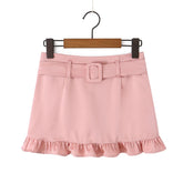 LIZAKOSHT - Sexy With Sashes Zipper Waist Satin Skirt With short lining Women Ruffles Hem A-line Package Hips Short Skater Bottom Black Pink