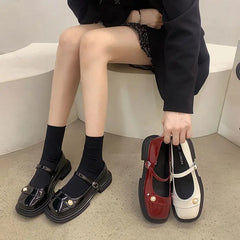 LIZAKOSHT - Shoes for Woman Pearl Mary Jane Women's Summer Footwear Square Toe Red Gothic Japanese Style Lolita Low Heel Elegant Casual