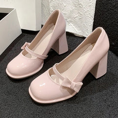 LIZAKOSHT Sweet Bowknot High Heels Mary Janes Women Cute Round Toe Patent Leather Pumps Woman Slip-On Square Heeled Bow Party Shoes Ladies