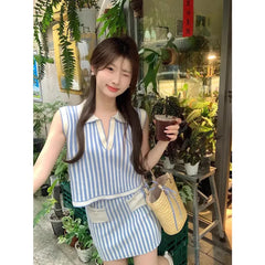 LIZAKOSHT - Striped Korean Brand Knitted 2 Piece Sets Sleeveless Polo Collar Short Tops Mini Skirts Suits Patchwork Blue Y2K Women Clothing