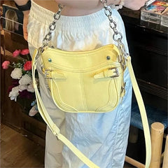 LIZAKOSHT - Retro Yellow Shoulder Messenger Bag Women Hot Girls Leather Chain Shoulder Bags Female Harajuku Handle Handbag Aesthetic