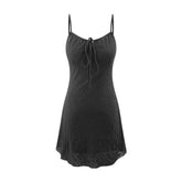 LIZAKOSHT - Summer Embossing Floral Bow Lacing up V neck Sling Dress Sexy Women Slim Waist Elastic Back Zipper Short Dresses Holiday Robe