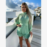 LIZAKOSHT  -  Sweet Casual Vaion Dr Women's Stand Collar Chiffon A-Line Skirt Ele Folded High Waist Spring Summer Long Sve