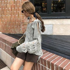 LIZAKOSHT - Coquette Y2k Women's Sweater Hollow out Knitwear Spring Oversize Knit Off The Shoulder Pullovers Streetwear Vintage
