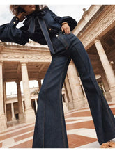 LIZAKOSHT - Women's Flared Pants New Autumn Fashion Imitation Denim Jeans High Waisted Loose Fit Split-Joint Casual Trousers