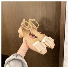 Lizakosht Naked Pink Lady Baotou Sandals Square Head Square Button French Thick Heel Single Shoes Mary Jane Shoes