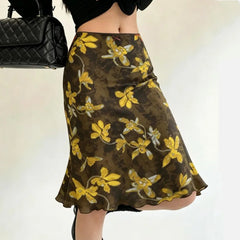 LIZAKOSHT - Women Floral Print Knee Length Chiffon Skirt Summer Elastic Waist Package Hips A-lined Short Skirts with Lining