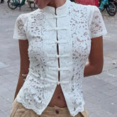 LIZAKOSHT - Y2k Lace Hollow Out Shirts Cardigan Women's Short Sleeve See-Through Patchwork Commute Top Female Summer Lace Blouses