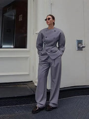 LIZAKOSHT - Retro Double Breasted Jacket Long Pant Set Lady Elegant Gray Waist-cinching Jackets Straight Pants Sets Women New Chic Steetwear