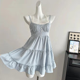LIZAKOSHT - Woman Gyaru A-Line Dress Hot Spaghetti Strap Dress Design Fairy Dress All-match Frocks Elegant One-Piece Patchwork Bandage
