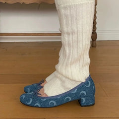 LIZAKOSHT - New Cute Moon Print Office lady Square Med Heels Shoes Women Lovely Ballet Style Shoes Denim blue Slip-on Pumps