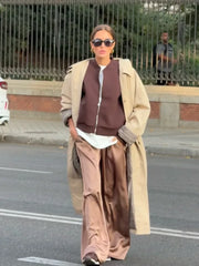 LIZAKOSHT  -  Women Solid Lapel Trench Coat Plaid Lining Single Breasted Full Sleeve Loose Coats Lady 2025 Autum Commute High Street Outwear