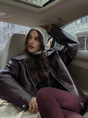 LIZAKOSHT  -  Red Lapel Leather Cropped Jackets Women Zipper Long Sleeve Coat 2025 New Fashion Retro Autumn Vacation High Street Outerwears