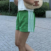 LIZAKOSHT - Striped Shorts y2k Clothes Women Casual Elastic Low Waist Loose Hot Pants with Pockets Summer 2000s Clothing Streetwear