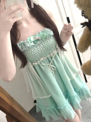 LIZAKOSHT - Summer Sweet Loose Dress Set Women Design Elegant Bow Sling Lace Dresses Female Fashion Sleeveless Kawaii Lolita Outfits