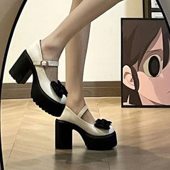 LIZAKOSHT - Autumn Women Elegant Platform Pumps Square Heel Lady Jk Mary Janes High Heel Shoes Female Bow Leather Buckle Strap Shoes