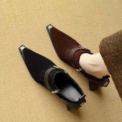 LIZAKOSHT  -  New Women HIgh Heeled Naked Boots/Booties,Ankle Botas Pointed Toe,Front Buckle Strap.Side Zip,Brown,Black,Dropship