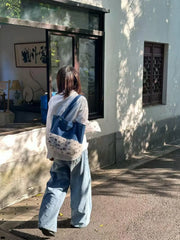 LIZAKOSHT - New Nail Blue Denim Rabbit Fur Splicing Tote Bag Large Capacity Versatile Single Shoulder Handbag Commuting Bags