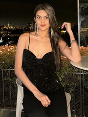 LIZAKOSHT - Fashion Solid Color Sleeveless Bow Woman Top Sexy Black Loose Backless Sequins Short Vest 2025 Spring Female New Street Wear