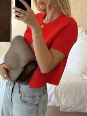 LIZAKOSHT - Women's Solid Chic Round Neck Knitted Cardigan Sexy Single Button Short Sleeves Slimming Tops 2024 Fashion Casual Lady Outerwear