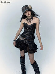 LIZAKOSHT - Spring Gothic Vintage Skinny Dark Punk 2 Piece Sets Women Hot Girl Y2k Slim Tops +Ruffle Design Mini Skirt Female Chic Outfits