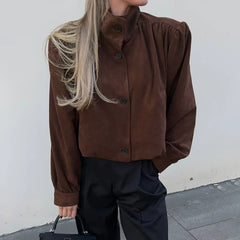 LIZAKOSHT - Elegant Fashion Brown Stand Collar Jackets Street Chic Single-Breasted Coat for Woman Gray Outerwear 2025 Autumn Long Sleeve Top